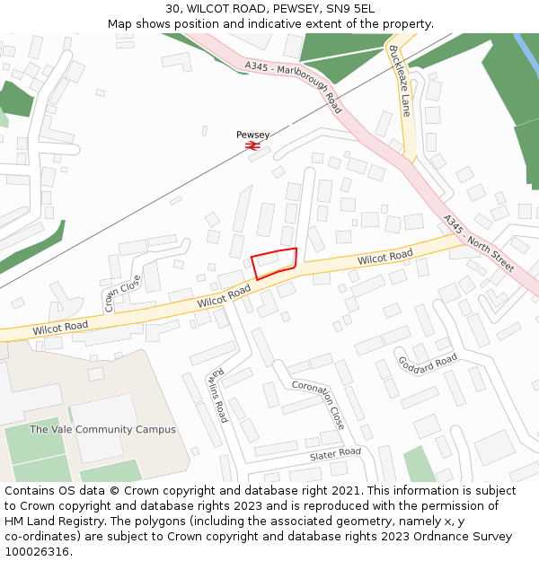 30, WILCOT ROAD, PEWSEY, SN9 5EL: Location map and indicative extent of plot