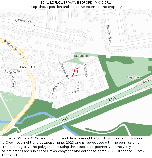 30, WILDFLOWER WAY, BEDFORD, MK42 0RW: Location map and indicative extent of plot