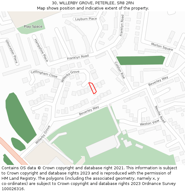 30, WILLERBY GROVE, PETERLEE, SR8 2RN: Location map and indicative extent of plot