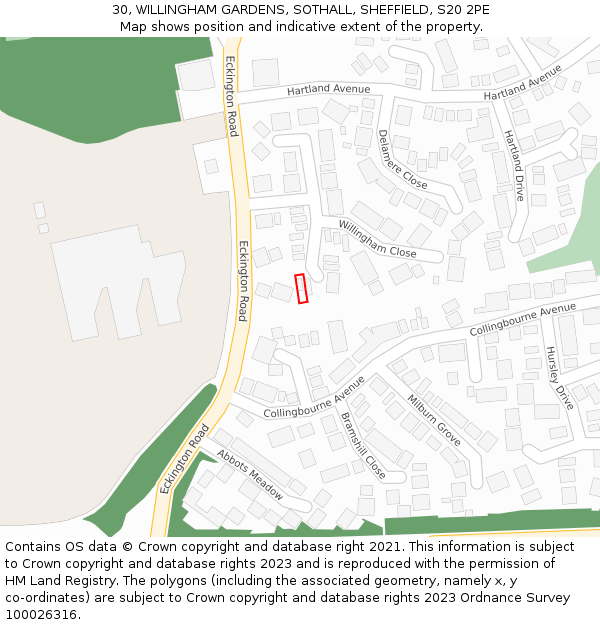 30, WILLINGHAM GARDENS, SOTHALL, SHEFFIELD, S20 2PE: Location map and indicative extent of plot