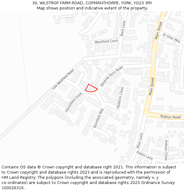 30, WILSTROP FARM ROAD, COPMANTHORPE, YORK, YO23 3RY: Location map and indicative extent of plot