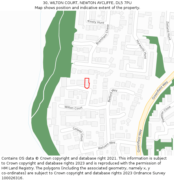 30, WILTON COURT, NEWTON AYCLIFFE, DL5 7PU: Location map and indicative extent of plot