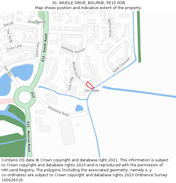 30, WINDLE DRIVE, BOURNE, PE10 0DB: Location map and indicative extent of plot