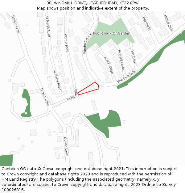 30, WINDMILL DRIVE, LEATHERHEAD, KT22 8PW: Location map and indicative extent of plot