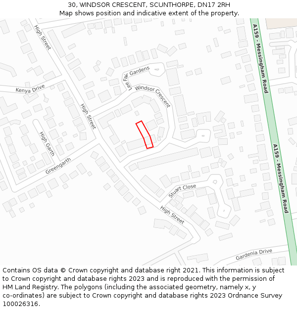30, WINDSOR CRESCENT, SCUNTHORPE, DN17 2RH: Location map and indicative extent of plot
