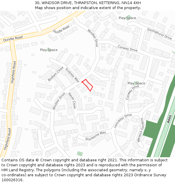 30, WINDSOR DRIVE, THRAPSTON, KETTERING, NN14 4XH: Location map and indicative extent of plot