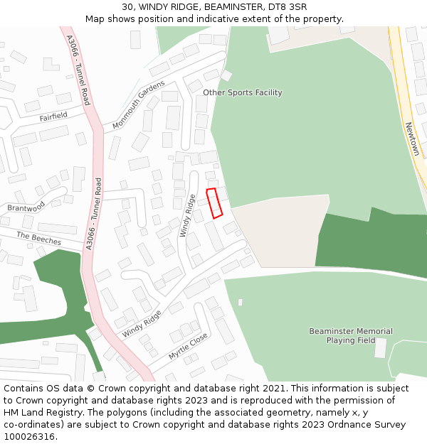 30, WINDY RIDGE, BEAMINSTER, DT8 3SR: Location map and indicative extent of plot