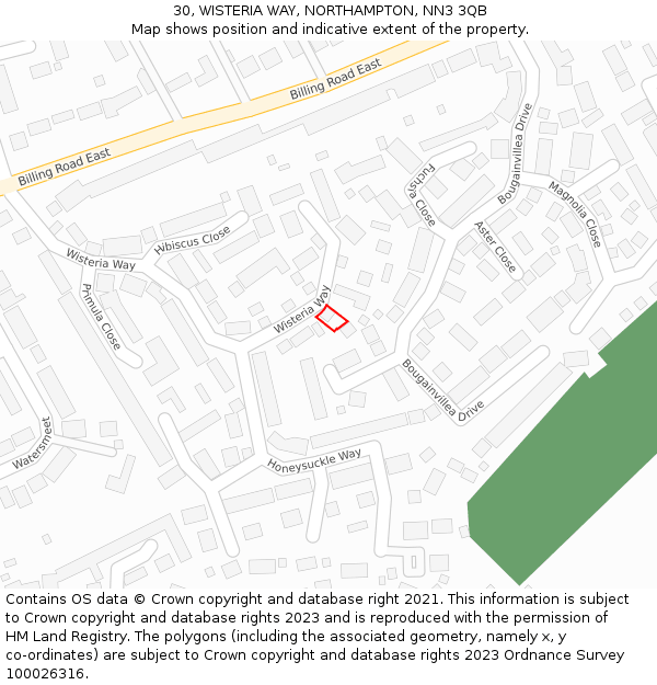 30, WISTERIA WAY, NORTHAMPTON, NN3 3QB: Location map and indicative extent of plot