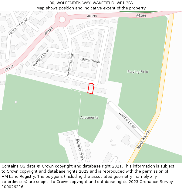 30, WOLFENDEN WAY, WAKEFIELD, WF1 3FA: Location map and indicative extent of plot