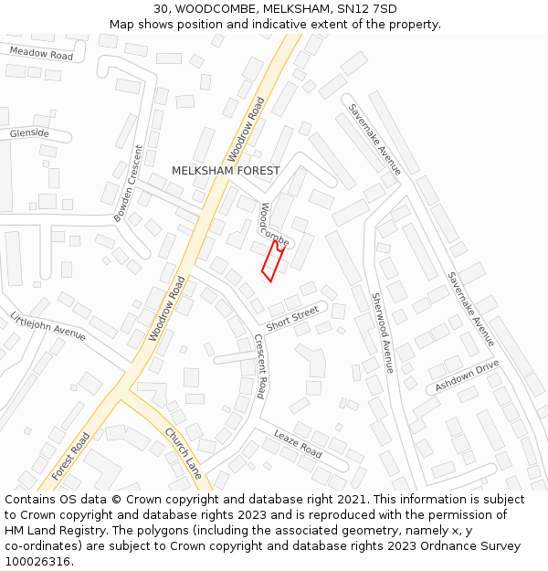 30, WOODCOMBE, MELKSHAM, SN12 7SD: Location map and indicative extent of plot