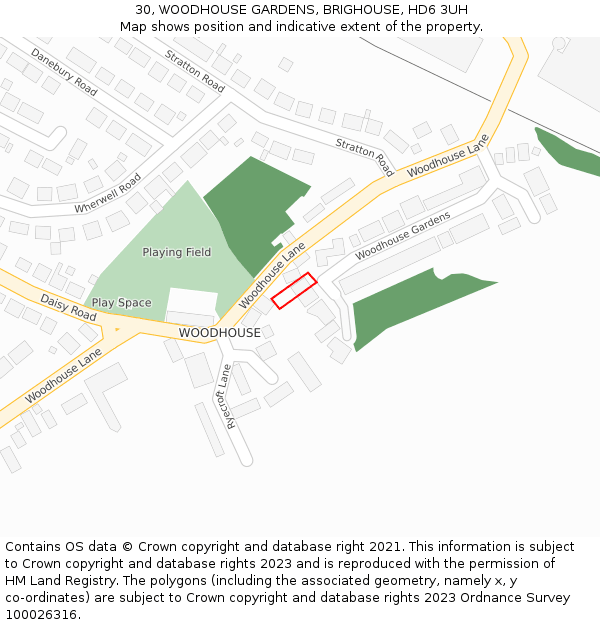 30, WOODHOUSE GARDENS, BRIGHOUSE, HD6 3UH: Location map and indicative extent of plot