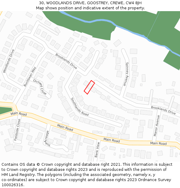 30, WOODLANDS DRIVE, GOOSTREY, CREWE, CW4 8JH: Location map and indicative extent of plot