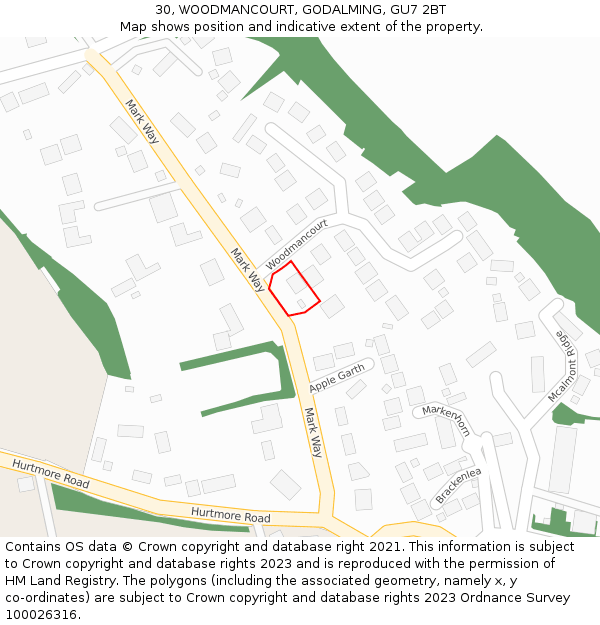 30, WOODMANCOURT, GODALMING, GU7 2BT: Location map and indicative extent of plot