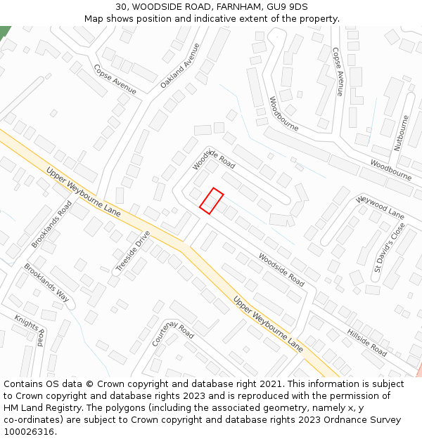 30, WOODSIDE ROAD, FARNHAM, GU9 9DS: Location map and indicative extent of plot