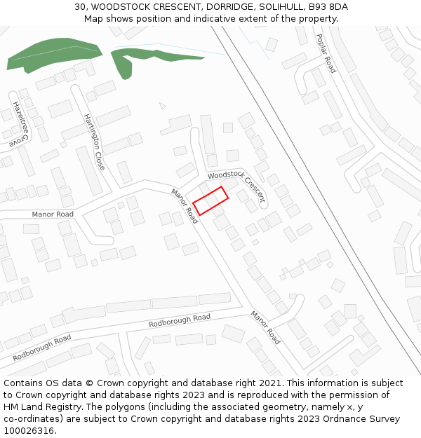 30, WOODSTOCK CRESCENT, DORRIDGE, SOLIHULL, B93 8DA: Location map and indicative extent of plot