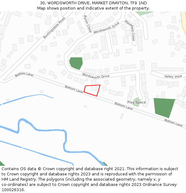 30, WORDSWORTH DRIVE, MARKET DRAYTON, TF9 1ND: Location map and indicative extent of plot