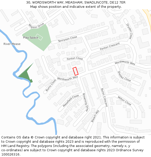 30, WORDSWORTH WAY, MEASHAM, SWADLINCOTE, DE12 7ER: Location map and indicative extent of plot