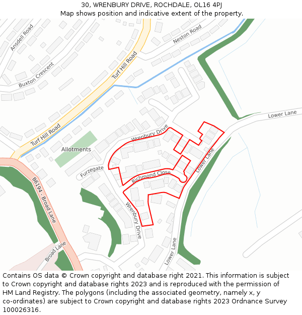 30, WRENBURY DRIVE, ROCHDALE, OL16 4PJ: Location map and indicative extent of plot