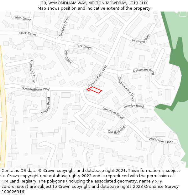 30, WYMONDHAM WAY, MELTON MOWBRAY, LE13 1HX: Location map and indicative extent of plot