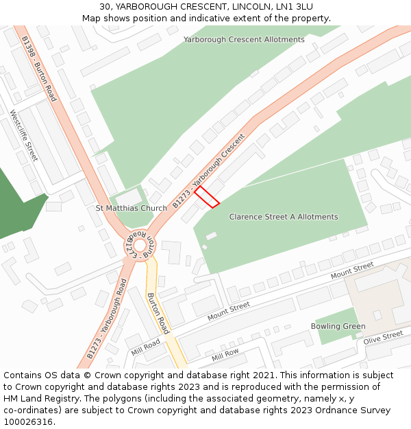 30, YARBOROUGH CRESCENT, LINCOLN, LN1 3LU: Location map and indicative extent of plot