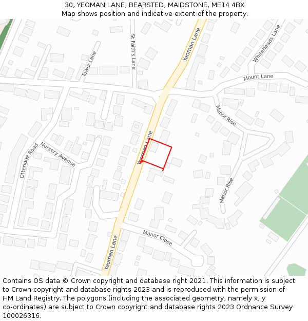 30, YEOMAN LANE, BEARSTED, MAIDSTONE, ME14 4BX: Location map and indicative extent of plot