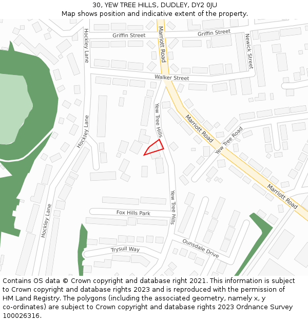 30, YEW TREE HILLS, DUDLEY, DY2 0JU: Location map and indicative extent of plot