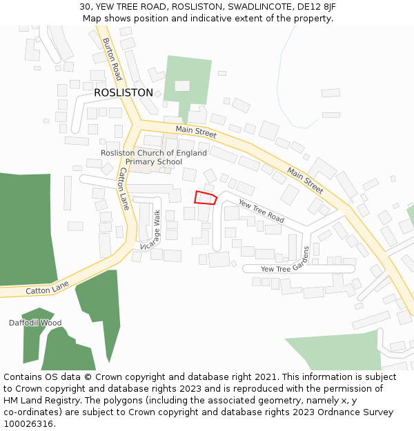 30, YEW TREE ROAD, ROSLISTON, SWADLINCOTE, DE12 8JF: Location map and indicative extent of plot