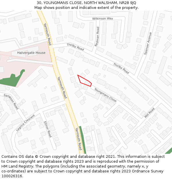 30, YOUNGMANS CLOSE, NORTH WALSHAM, NR28 9JQ: Location map and indicative extent of plot