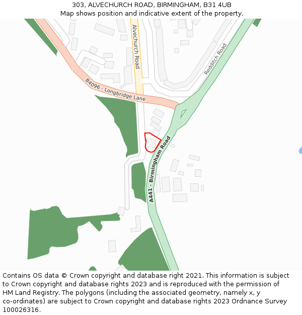 303, ALVECHURCH ROAD, BIRMINGHAM, B31 4UB: Location map and indicative extent of plot