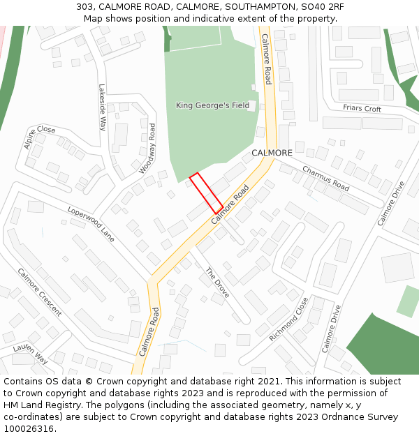 303, CALMORE ROAD, CALMORE, SOUTHAMPTON, SO40 2RF: Location map and indicative extent of plot