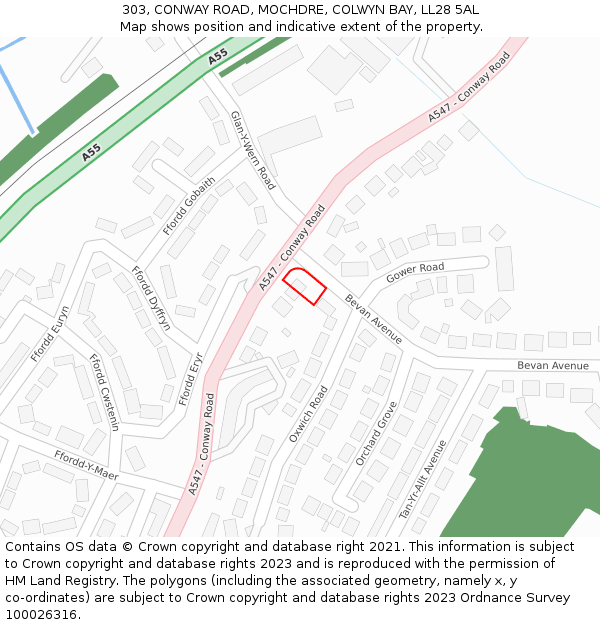 303, CONWAY ROAD, MOCHDRE, COLWYN BAY, LL28 5AL: Location map and indicative extent of plot