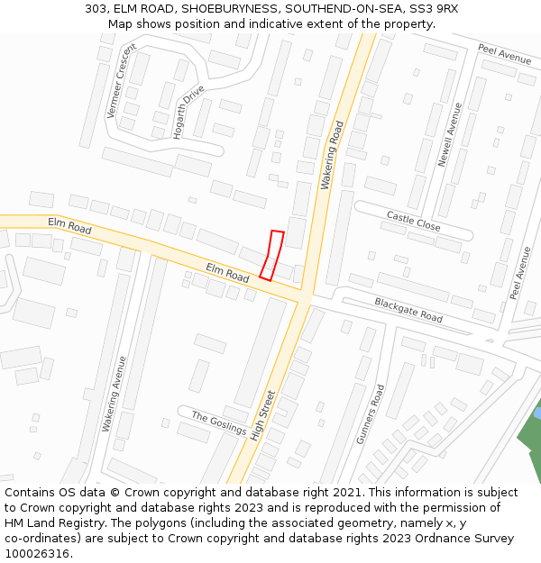 303, ELM ROAD, SHOEBURYNESS, SOUTHEND-ON-SEA, SS3 9RX: Location map and indicative extent of plot