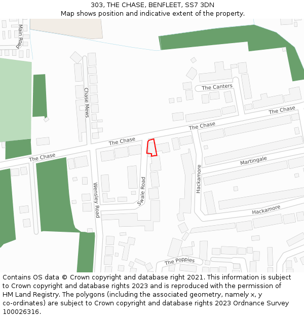 303, THE CHASE, BENFLEET, SS7 3DN: Location map and indicative extent of plot