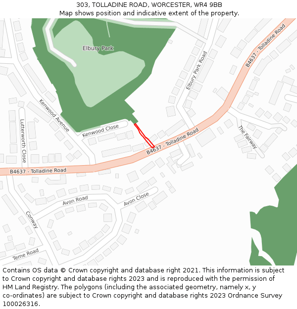 303, TOLLADINE ROAD, WORCESTER, WR4 9BB: Location map and indicative extent of plot