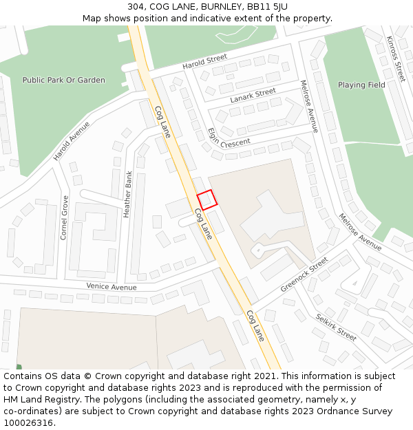 304, COG LANE, BURNLEY, BB11 5JU: Location map and indicative extent of plot