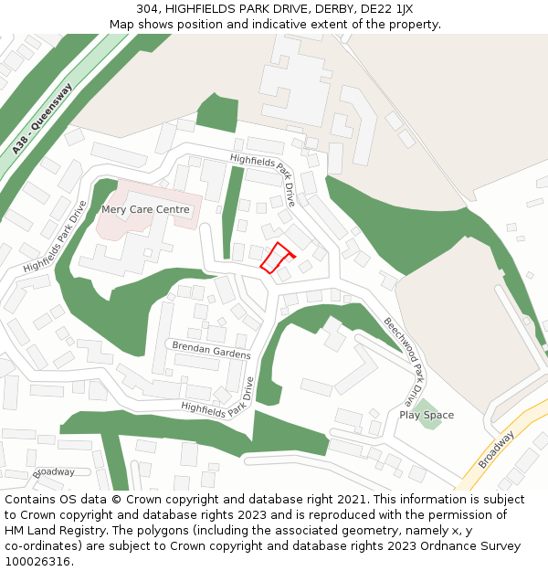 304, HIGHFIELDS PARK DRIVE, DERBY, DE22 1JX: Location map and indicative extent of plot