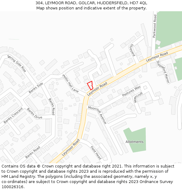 304, LEYMOOR ROAD, GOLCAR, HUDDERSFIELD, HD7 4QL: Location map and indicative extent of plot