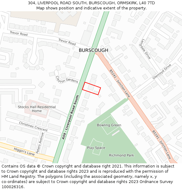 304, LIVERPOOL ROAD SOUTH, BURSCOUGH, ORMSKIRK, L40 7TD: Location map and indicative extent of plot