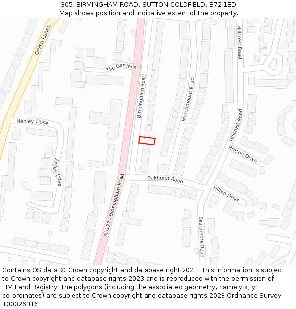 305, BIRMINGHAM ROAD, SUTTON COLDFIELD, B72 1ED: Location map and indicative extent of plot