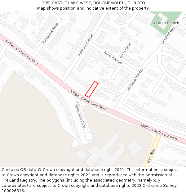 305, CASTLE LANE WEST, BOURNEMOUTH, BH8 9TQ: Location map and indicative extent of plot