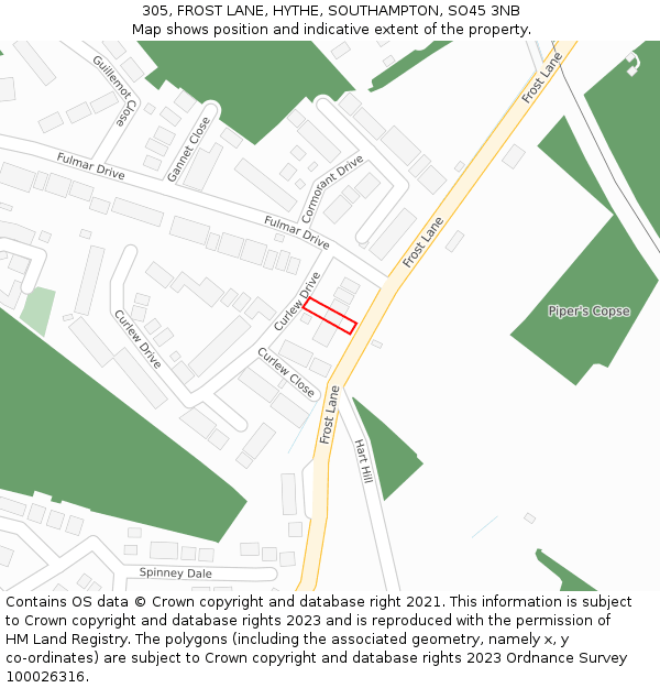 305, FROST LANE, HYTHE, SOUTHAMPTON, SO45 3NB: Location map and indicative extent of plot