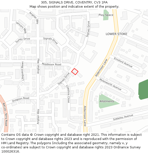 305, SIGNALS DRIVE, COVENTRY, CV3 1PA: Location map and indicative extent of plot
