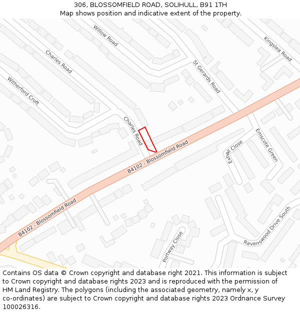 306, BLOSSOMFIELD ROAD, SOLIHULL, B91 1TH: Location map and indicative extent of plot