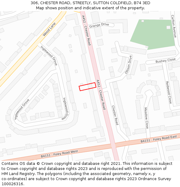 306, CHESTER ROAD, STREETLY, SUTTON COLDFIELD, B74 3ED: Location map and indicative extent of plot