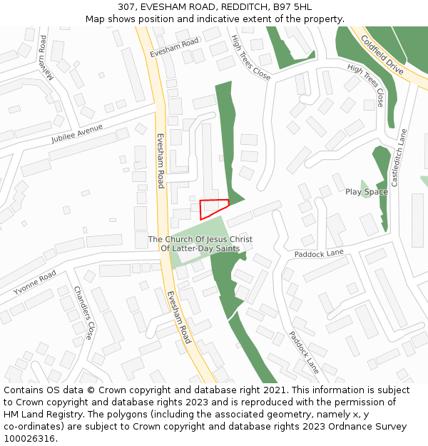 307, EVESHAM ROAD, REDDITCH, B97 5HL: Location map and indicative extent of plot