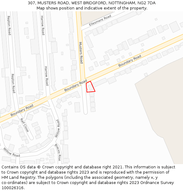 307, MUSTERS ROAD, WEST BRIDGFORD, NOTTINGHAM, NG2 7DA: Location map and indicative extent of plot