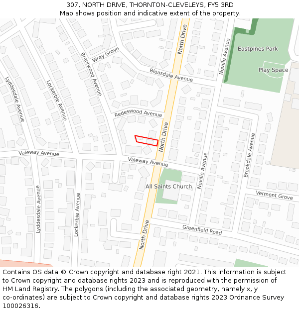 307, NORTH DRIVE, THORNTON-CLEVELEYS, FY5 3RD: Location map and indicative extent of plot