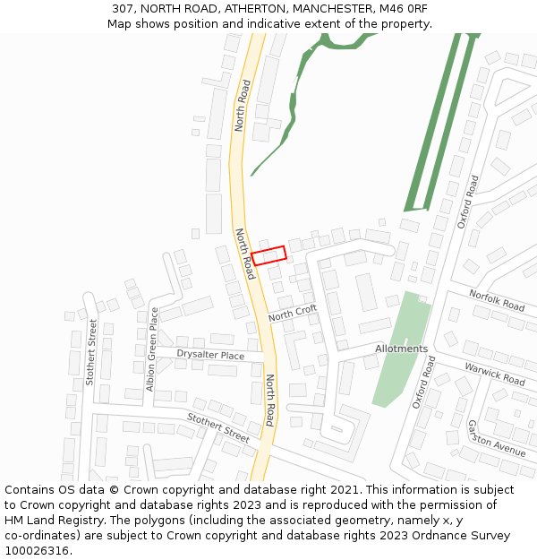 307, NORTH ROAD, ATHERTON, MANCHESTER, M46 0RF: Location map and indicative extent of plot