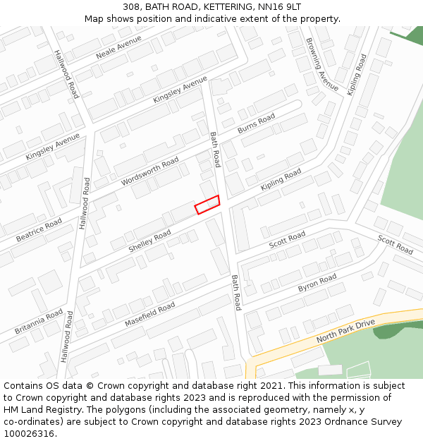 308, BATH ROAD, KETTERING, NN16 9LT: Location map and indicative extent of plot