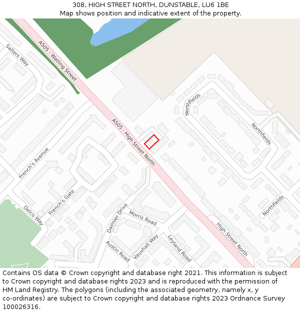 308, HIGH STREET NORTH, DUNSTABLE, LU6 1BE: Location map and indicative extent of plot